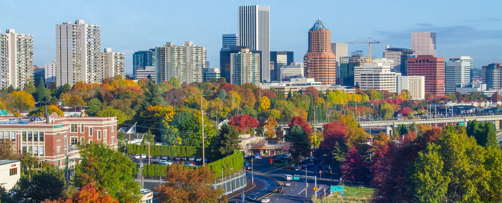 Portland city skyline with autumn foliage and busy roads under a clear blue sky in fall season.