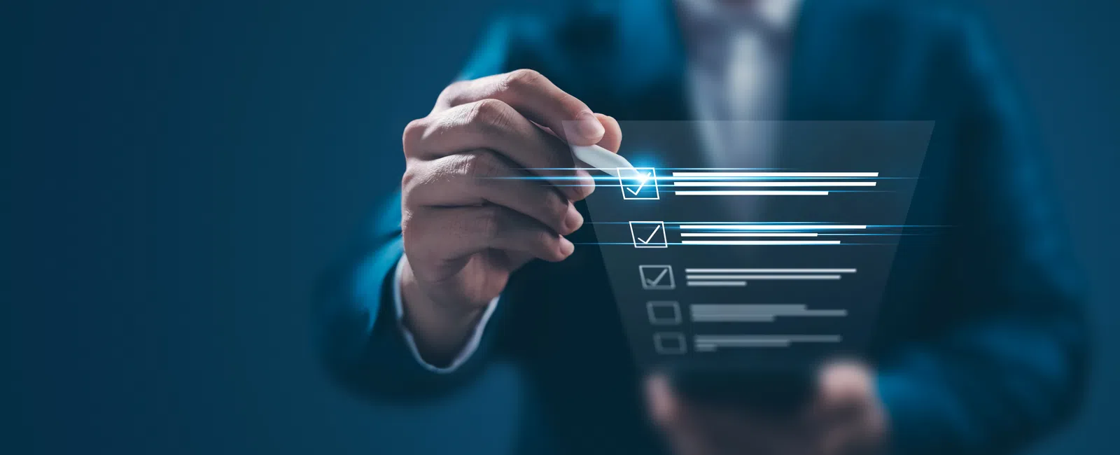 Businessman in suit selecting options on a transparent digital checklist interface with a futuristic blue glow.