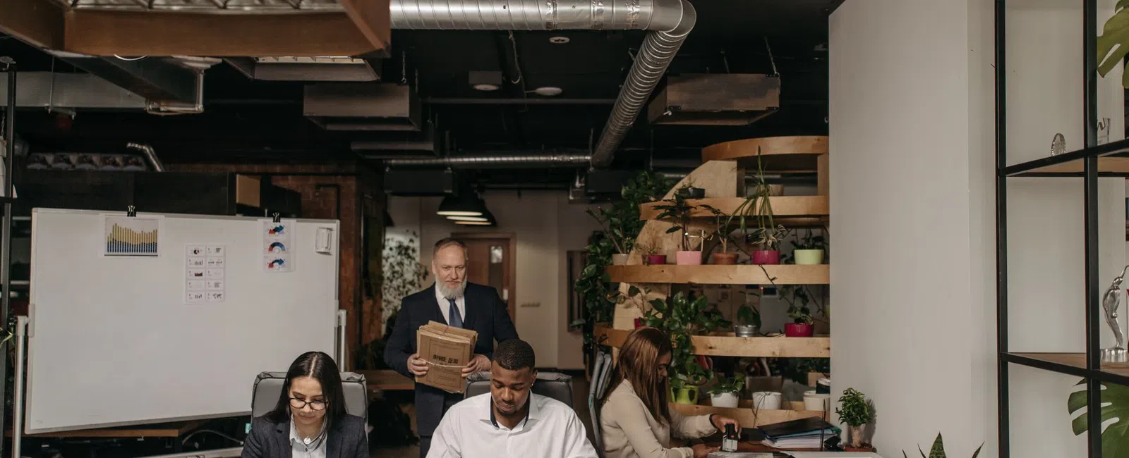Young professionals working on laptops in a modern office with plants and wooden decor, an older man in background.