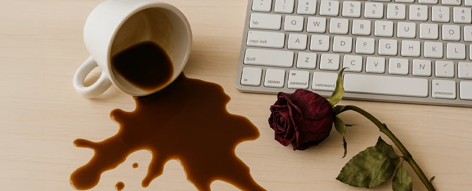 Spilled coffee cup next to a computer keyboard and a wilted red rose on a wooden desk surface