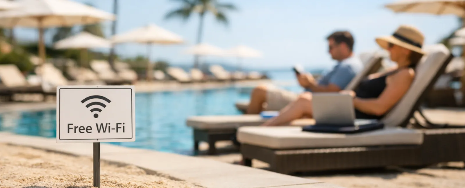 Sign for free Wi-Fi by a pool with sun loungers and people relaxing under umbrellas in a sunny resort.