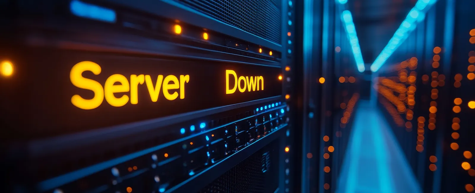 Close-up of a server panel displaying a bright 'Server Down' warning in a blue-lit data center corridor.