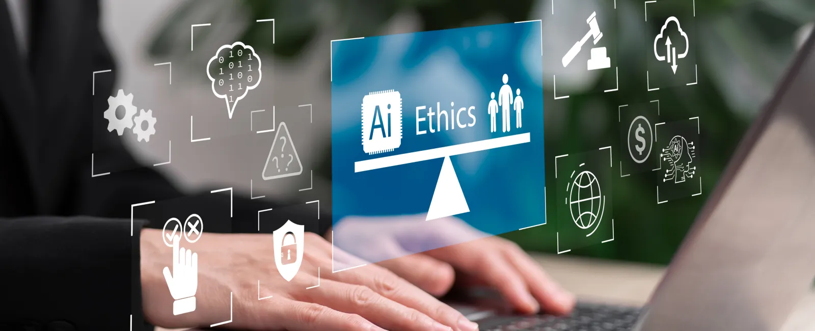 Person typing on a laptop with virtual icons showing AI ethics and technology concepts like security and automation.
