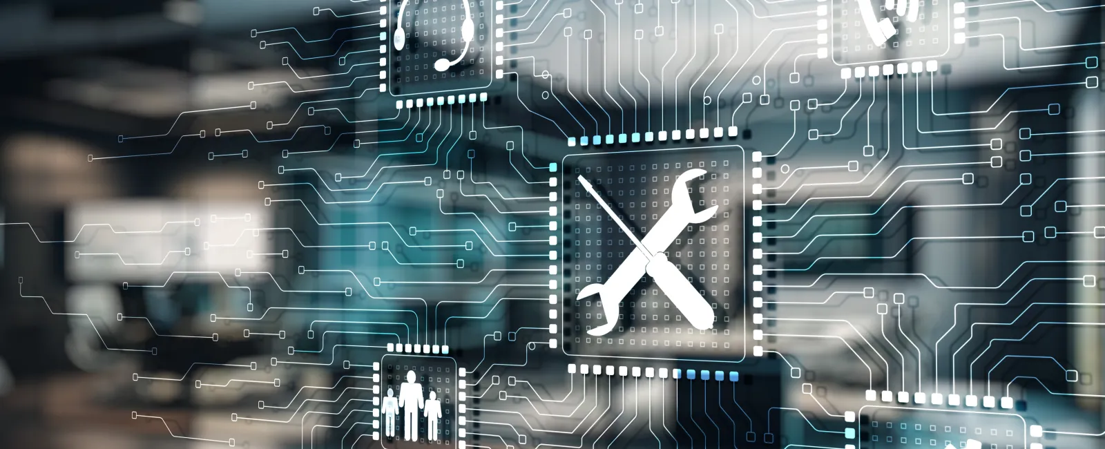 Digital interface with technology icons including tools, headset, phone, gears, and family on blurred office background