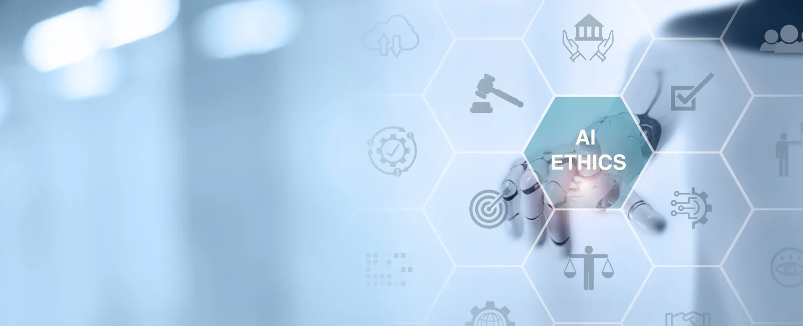 Hand pointing at AI ethics hexagon with digital law and technology icons on futuristic interface.