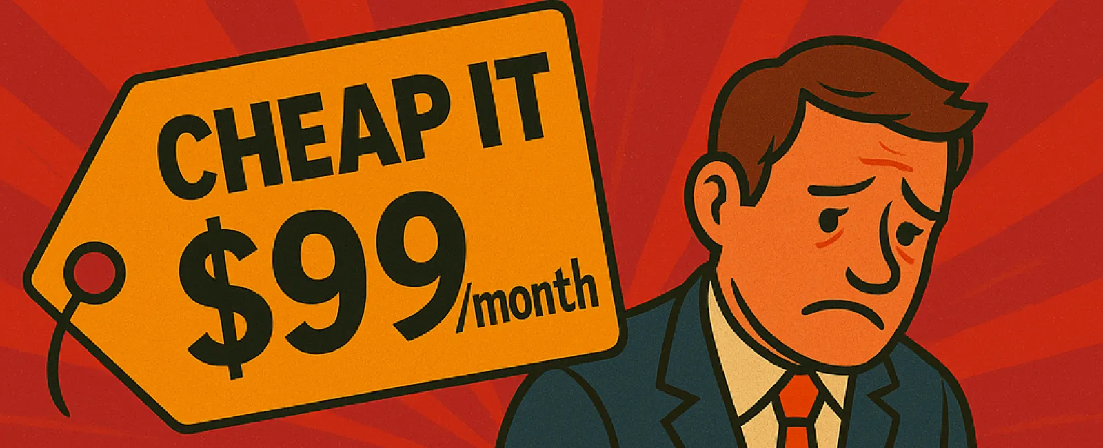 Sad IT professional next to $99/month price tag with downtime, ransomware, compliance, and data loss risks.