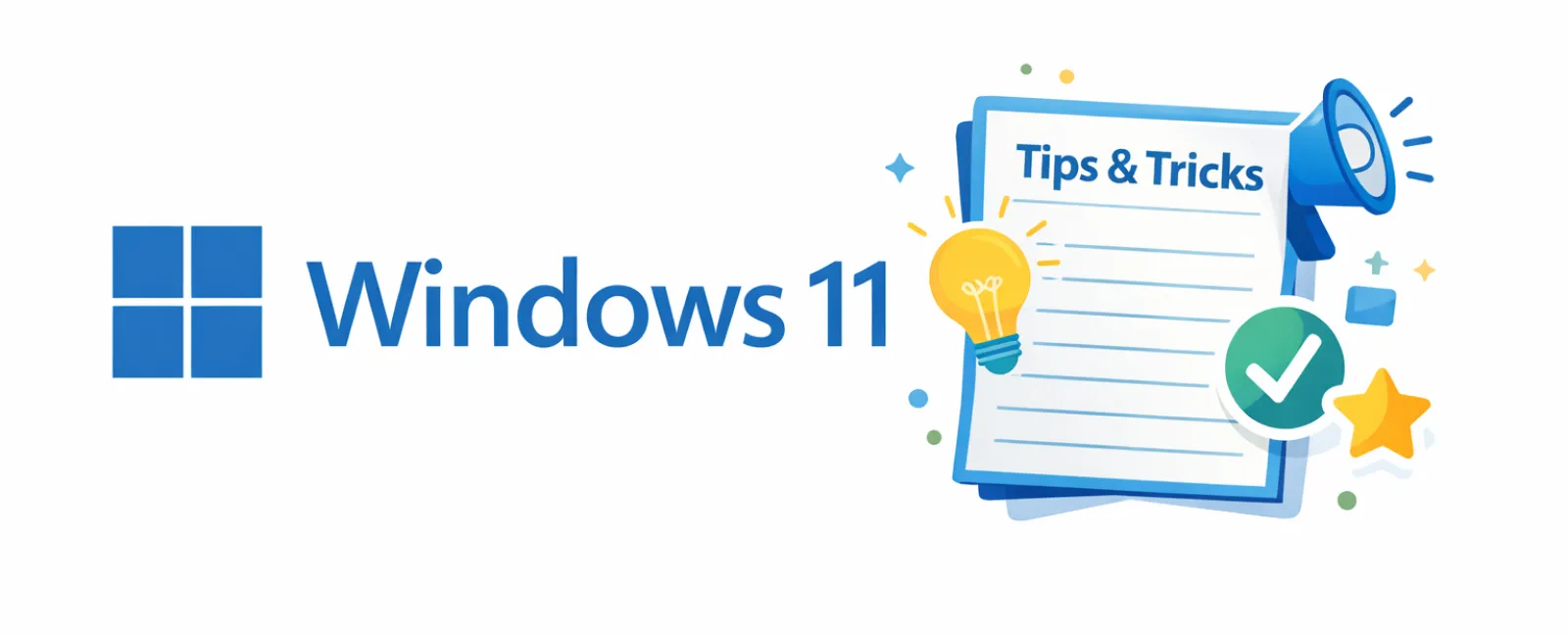 Windows 11 logo beside illustrated tips and tricks checklist with lightbulb, checkmark, and megaphone icons.