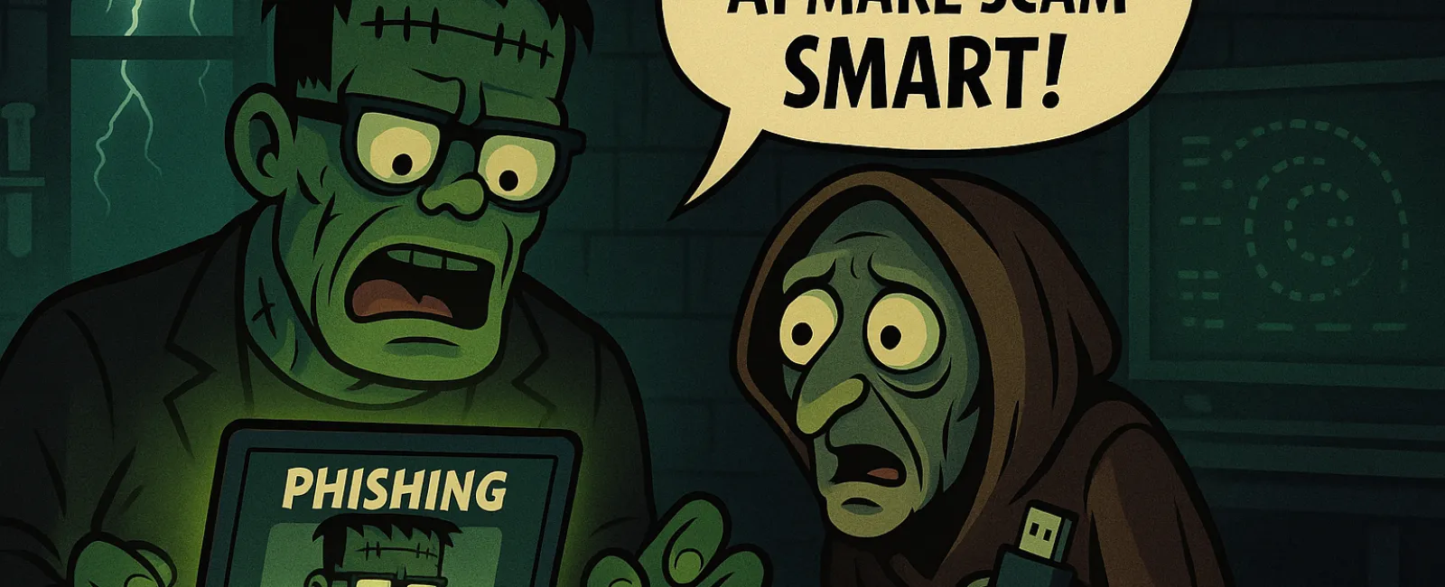 Cartoon Frankenstein with glasses sees phishing on laptop, hooded figure warns AI makes scams smarter.