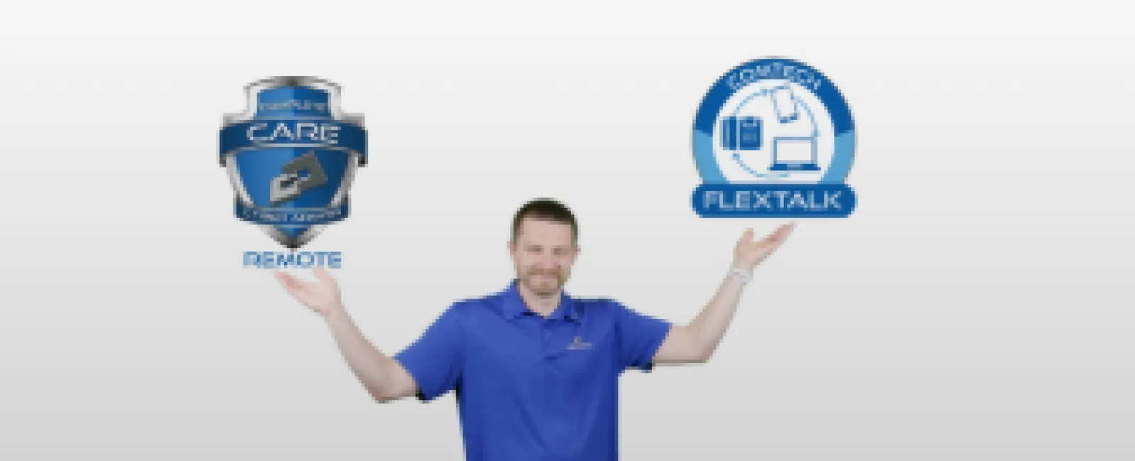 Person presenting new brand logos, emphasizing service quality and innovation.