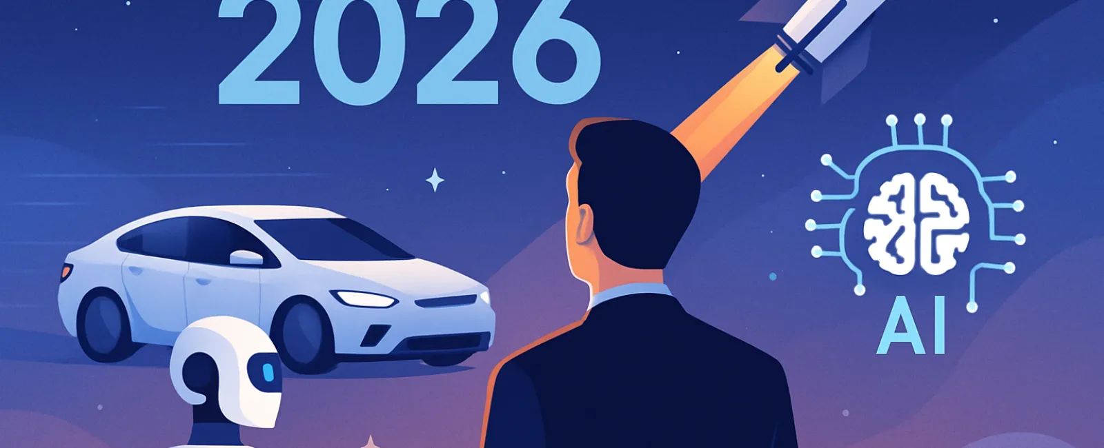 Man in suit looking at futuristic 2026 with AI brain, robot, electric car, and rocket launching into space at night.