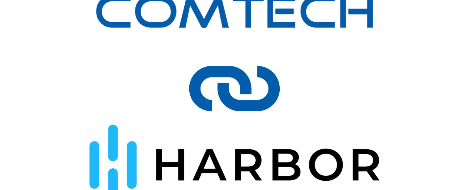Comtech Harbor logos with blue chain link icon and vertical bar symbol on white background