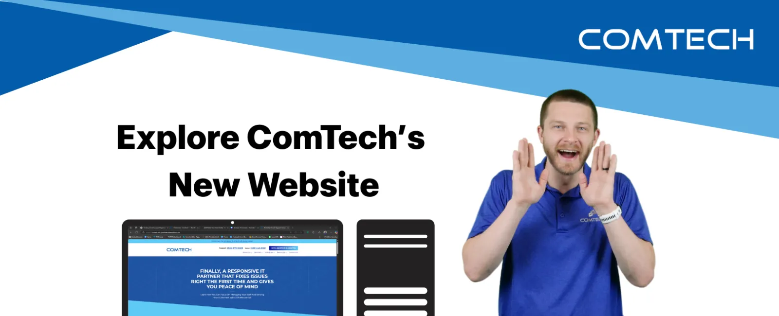 Man in blue shirt promoting ComTech's new website with computer graphic and company logo on white background