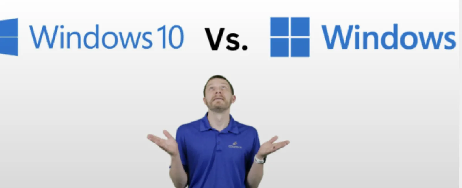 Comparison of Windows 10 versus Windows, with a presenter showcasing differences.