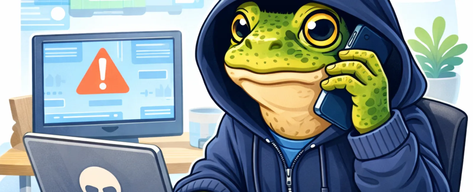Cartoon frog hacker in a hoodie using laptop and phone with cybersecurity warning and confidential files nearby