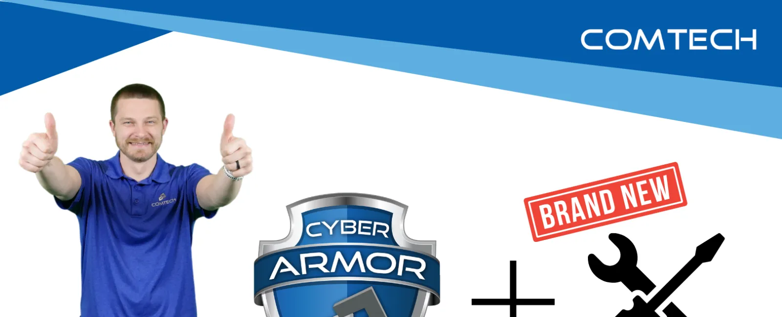 Man showing thumbs up with Cyber Armor logo and tools symbolizing new features from Comtech.