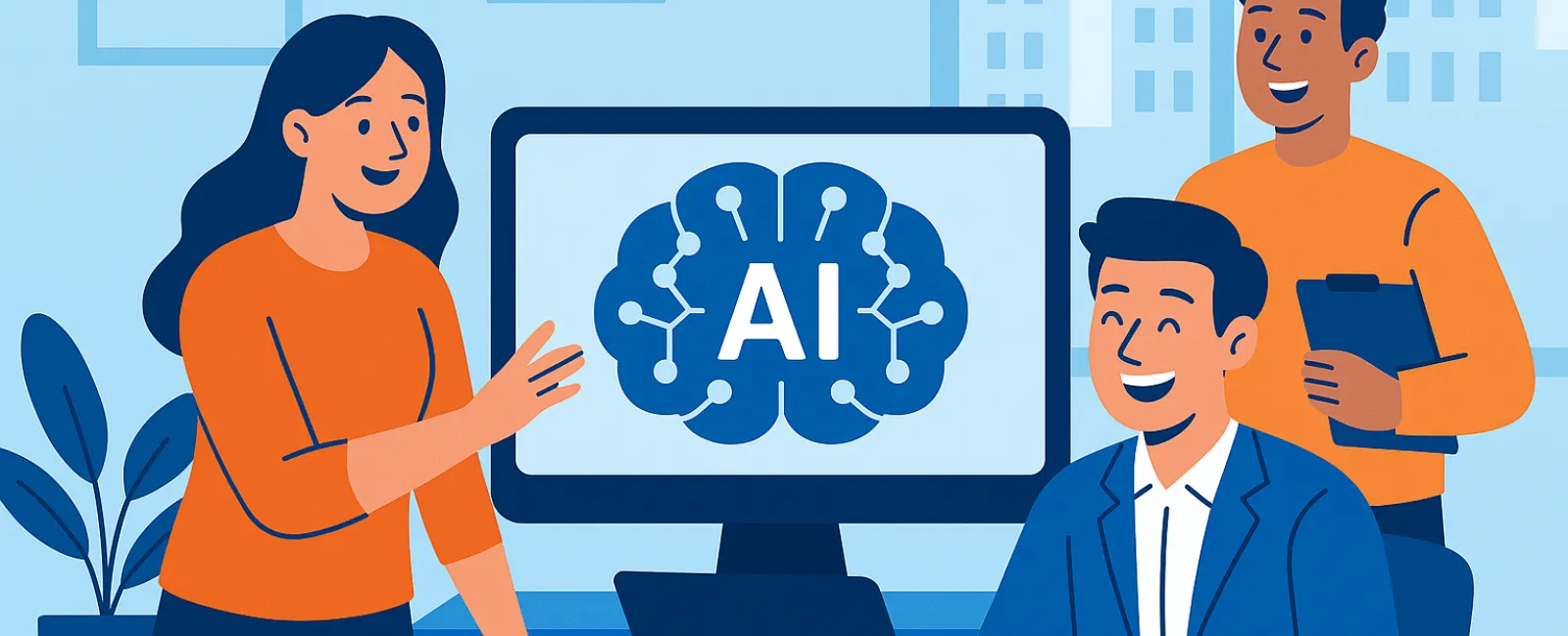Three professionals discussing AI technology with a brain graphic on a computer screen in an office setting.