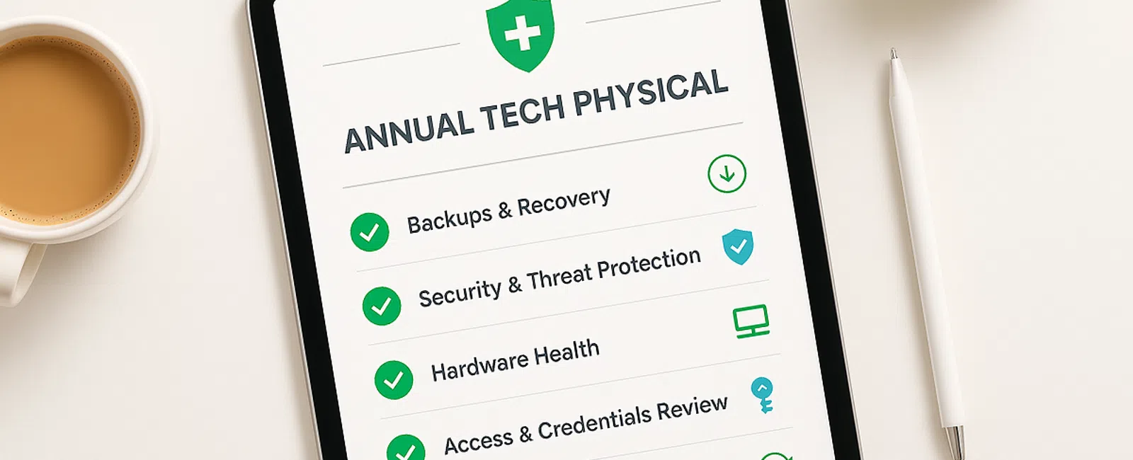 Tablet screen showing an annual tech physical checklist with coffee and pen on a white desk.