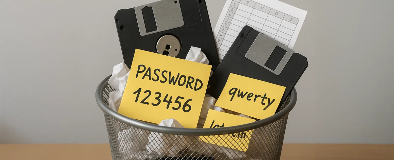 Trash bin with old floppy disks and sticky notes showing weak passwords like 123456 and qwerty.