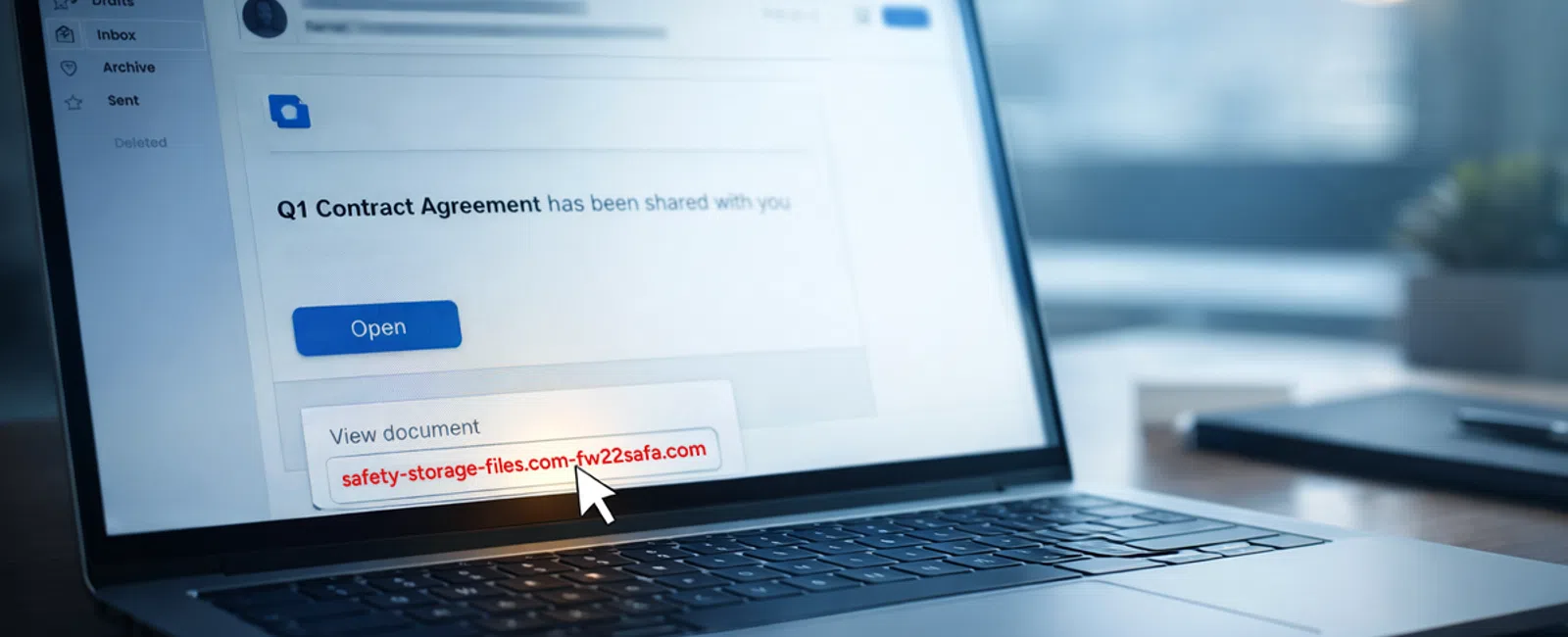Laptop screen showing an email with a Q1 contract agreement and a suspicious link highlighted by a cursor.