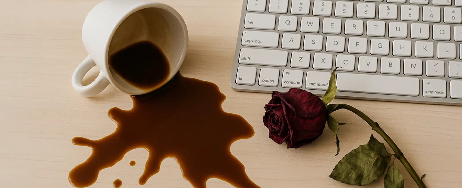 Spilled coffee cup next to a computer keyboard and a wilted red rose on a wooden desk surface