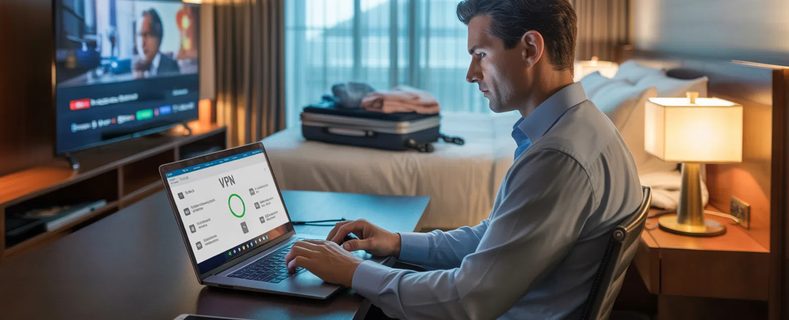 Man in a hotel room using a laptop with VPN software for secure internet while preparing to travel.