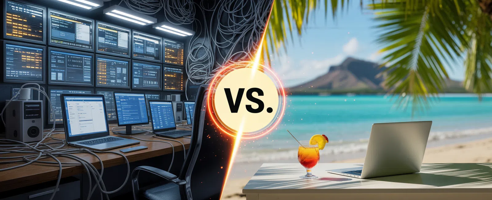 Comparison of a cluttered office tech workspace versus a relaxed beach setup with laptop and cocktail under palm trees.