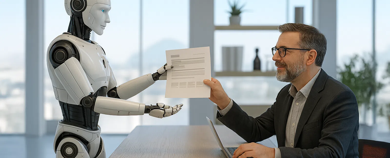 Businessman receiving a document from a humanoid robot in a modern office setting with natural light.