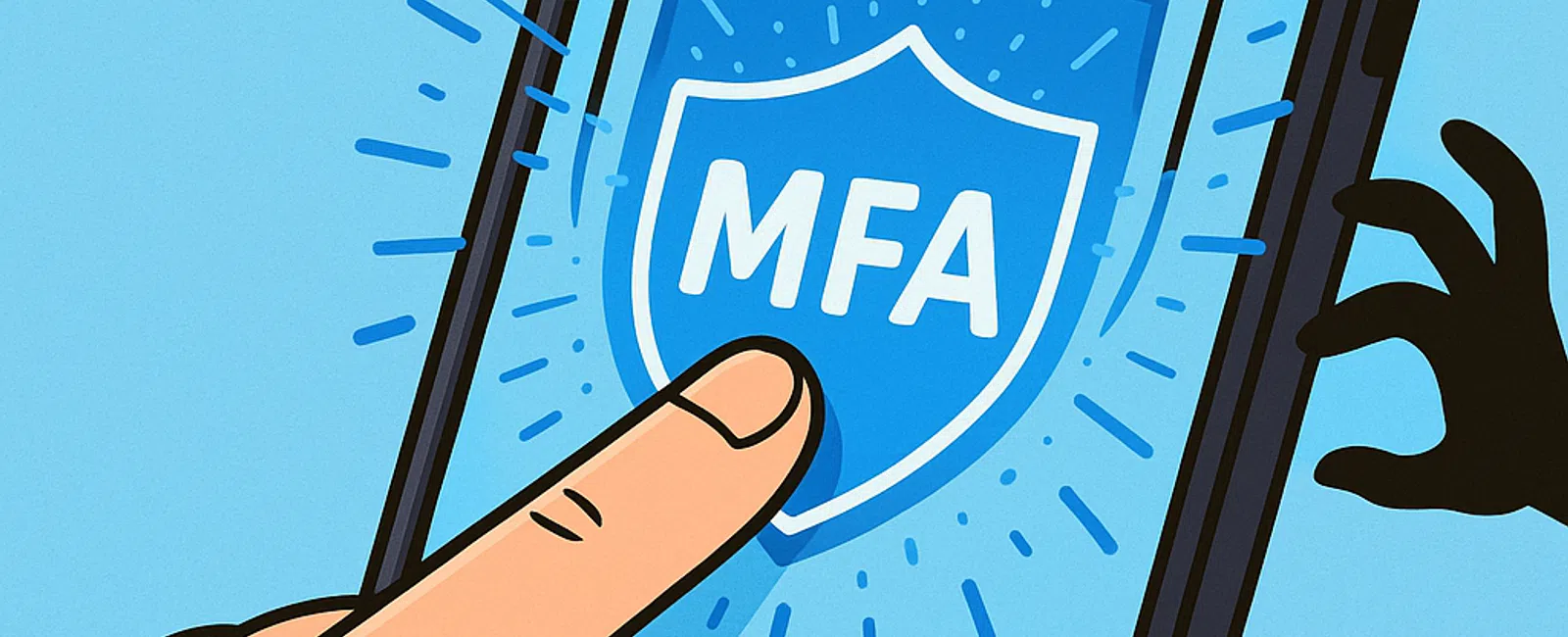 Hand touching a shield with MFA on a smartphone screen blocking dark hands reaching for the device