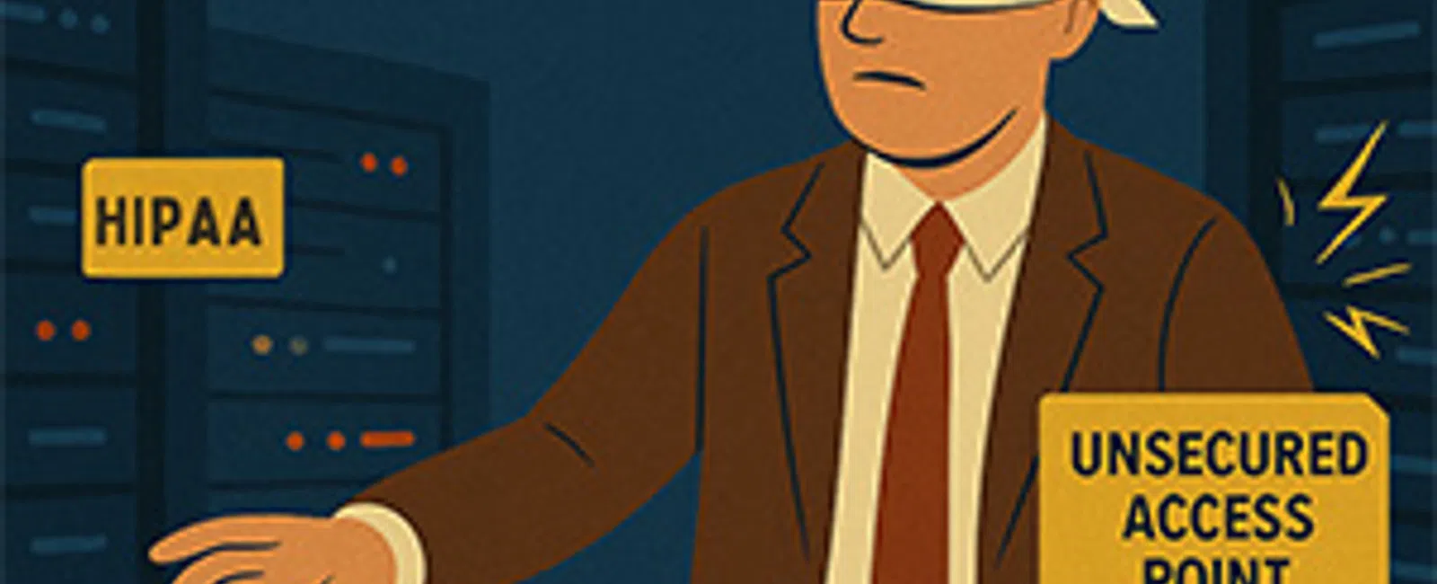 Blindfolded man in suit near data servers labeled HIPAA violation risk, unsecured access point, and FTC safeguards missing