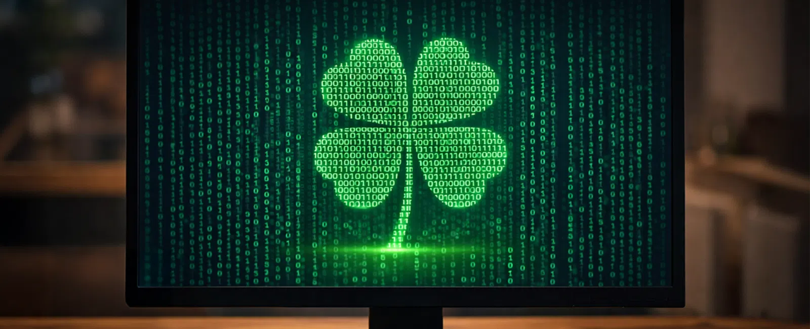 Computer screen displays a glowing green four-leaf clover made of binary code in a dark room.