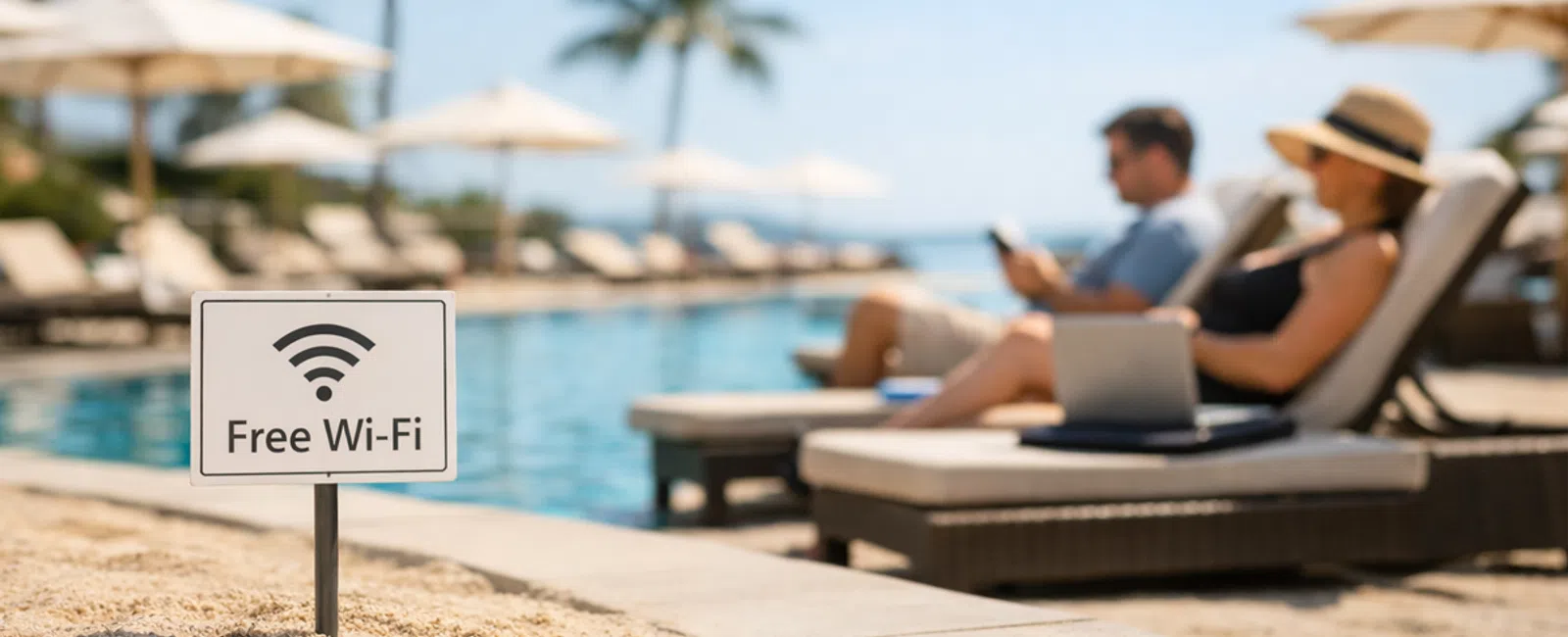 Sign for free Wi-Fi by a pool with sun loungers and people relaxing under umbrellas in a sunny resort.