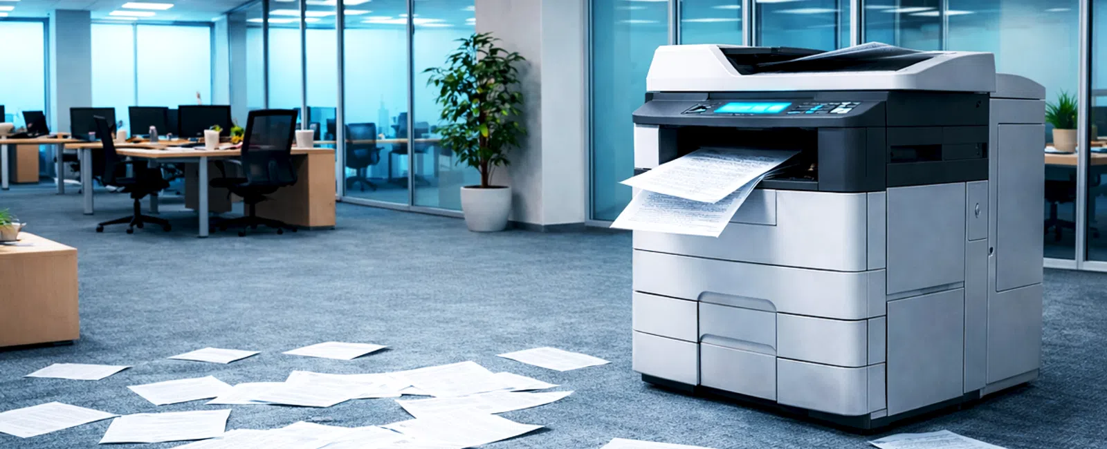 Office printer printing documents with scattered papers on carpet in modern workspace with desks and chairs.
