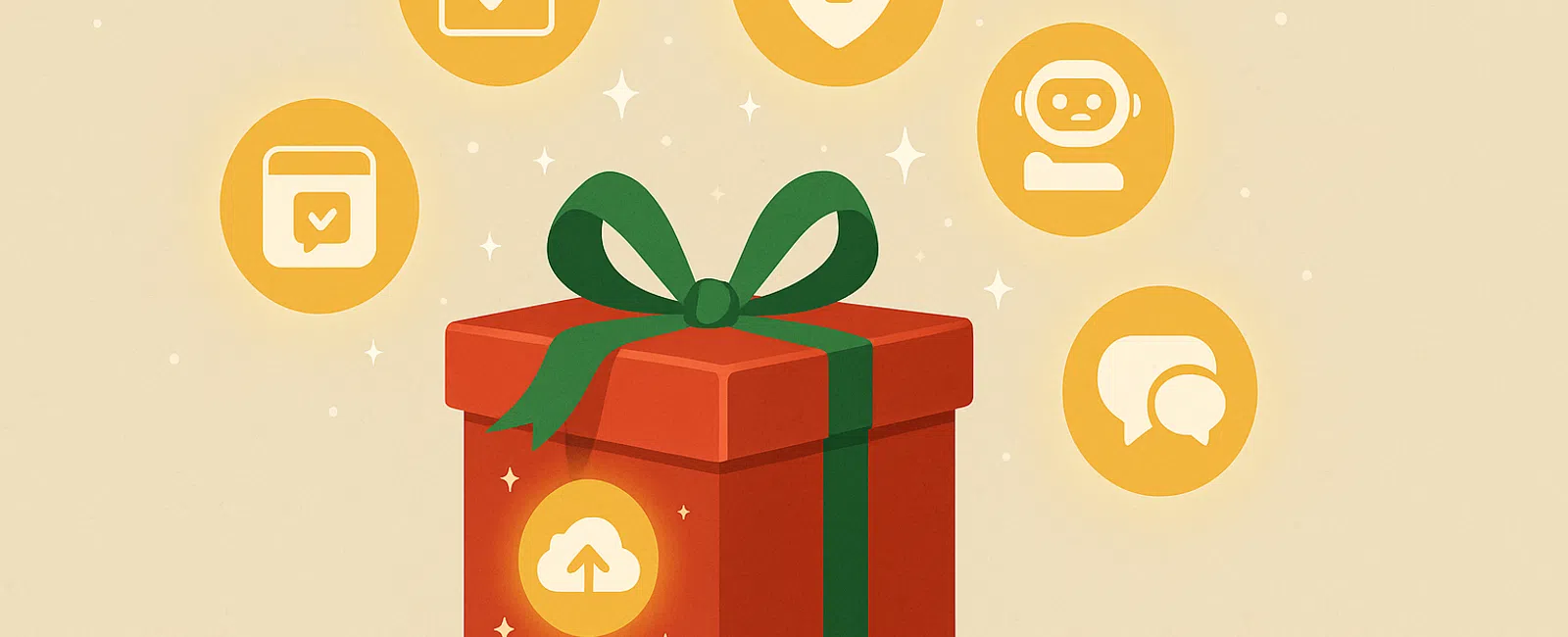 Red gift box with green ribbon surrounded by icons for calendar, security, chatbot, chat, and cloud upload
