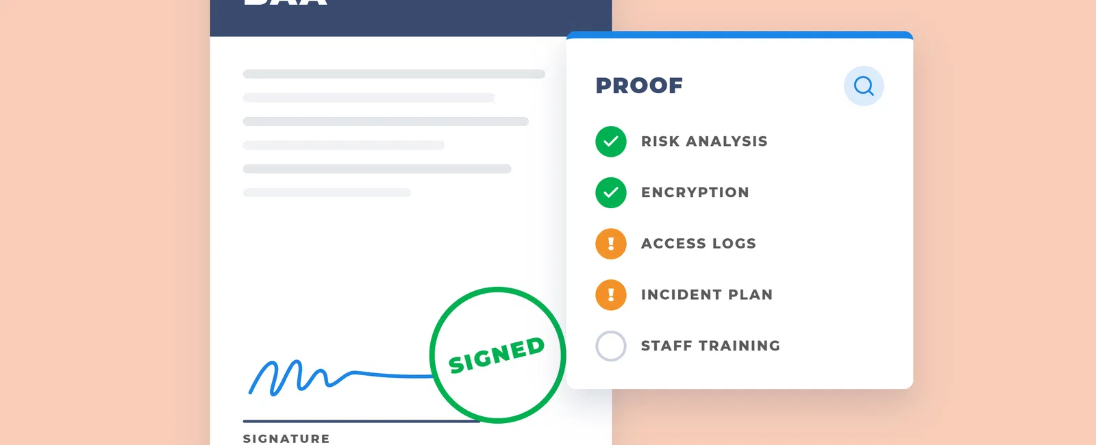 Signed BAA agreement document with proof checklist including risk analysis, encryption, access logs, and incident plan.