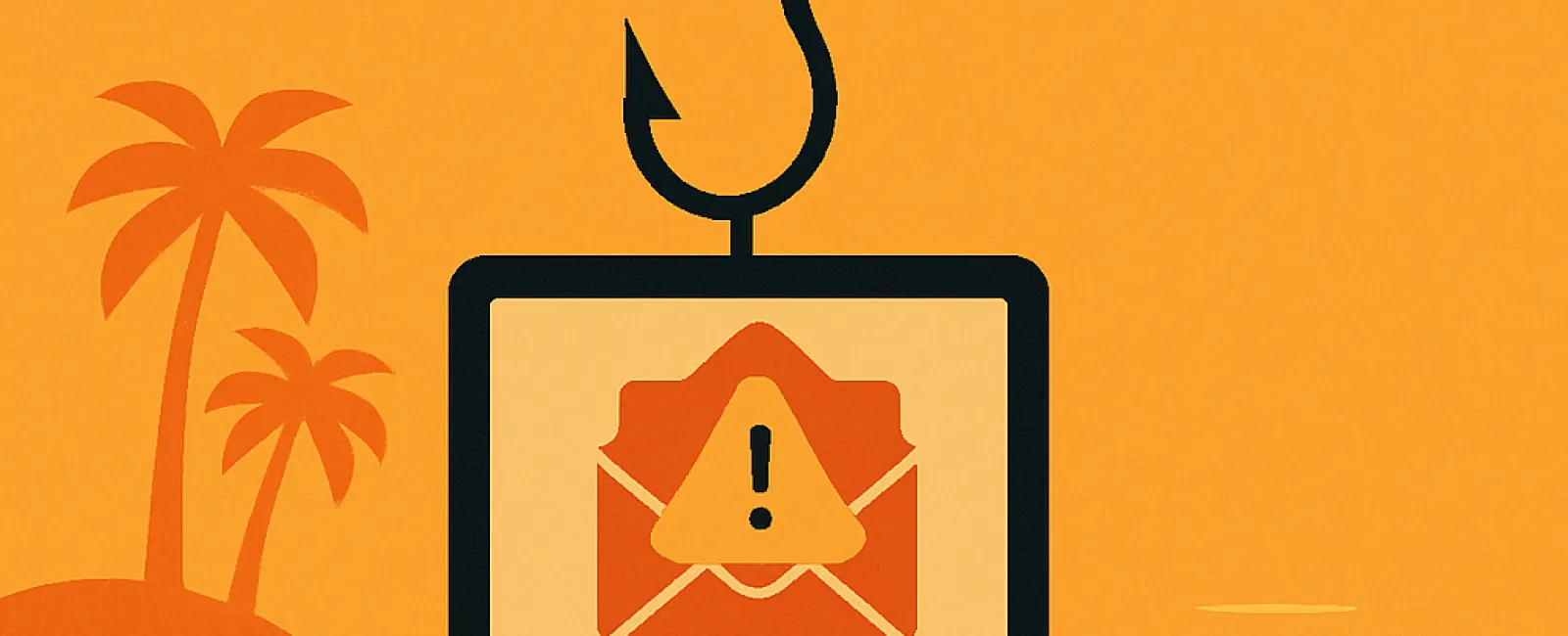 Computer screen with phishing email warning icon hanging from fishing hook against tropical background.