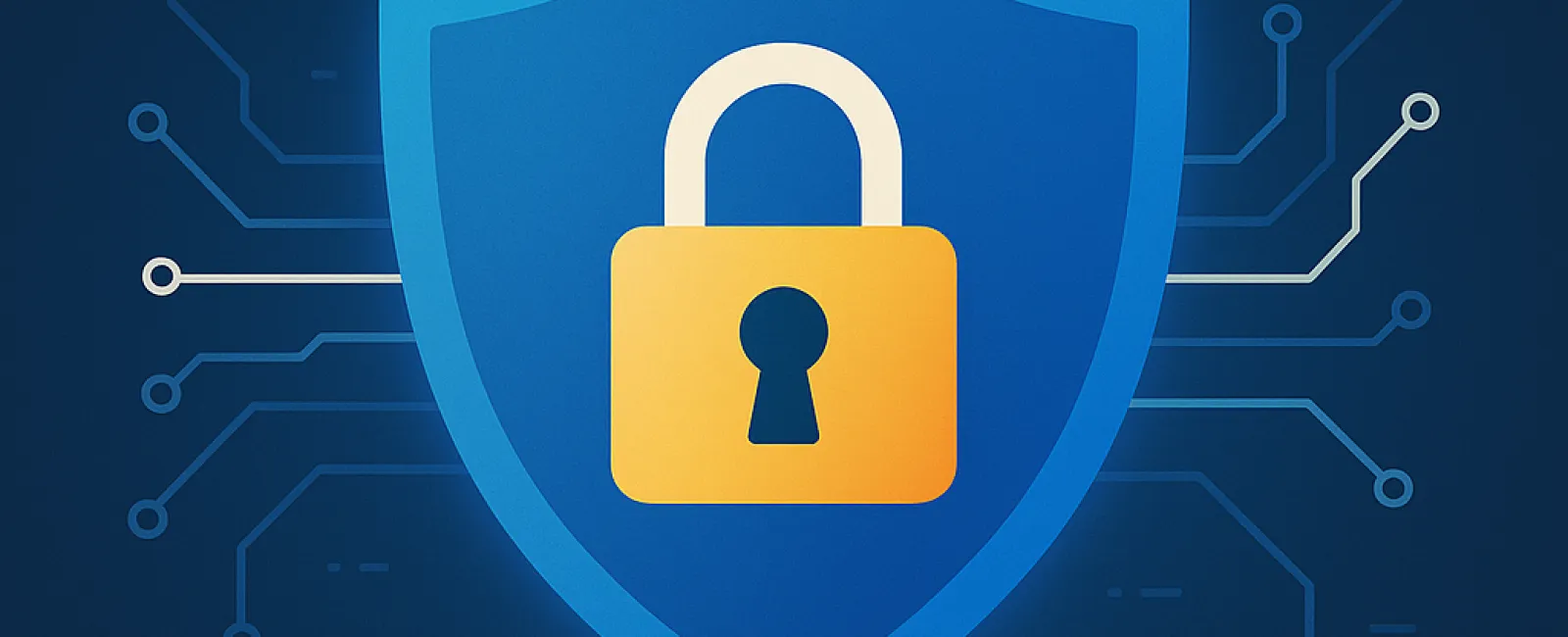 Blue shield with a yellow padlock symbolizing cybersecurity and data protection on a dark digital background.