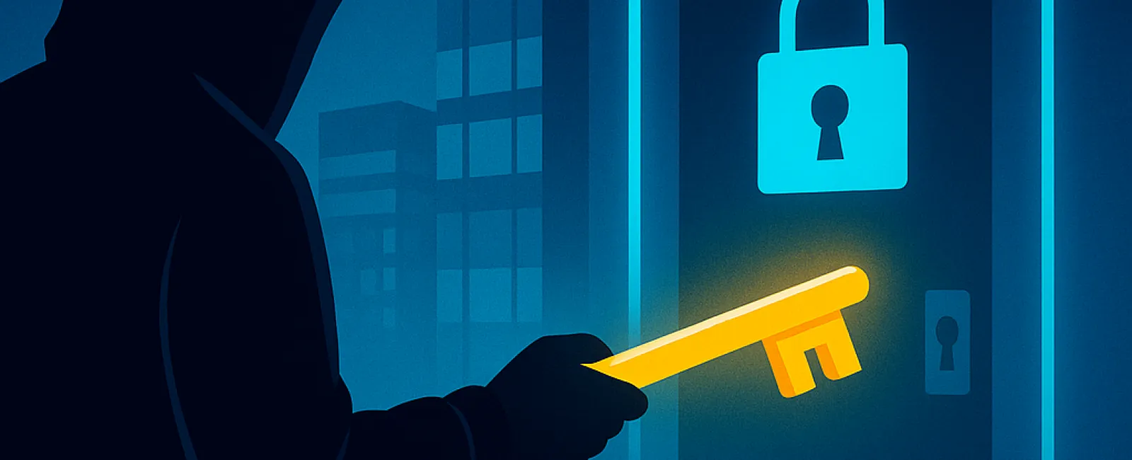 Hooded figure holding glowing key labeled stolen credentials trying to unlock digital door with padlock symbol.