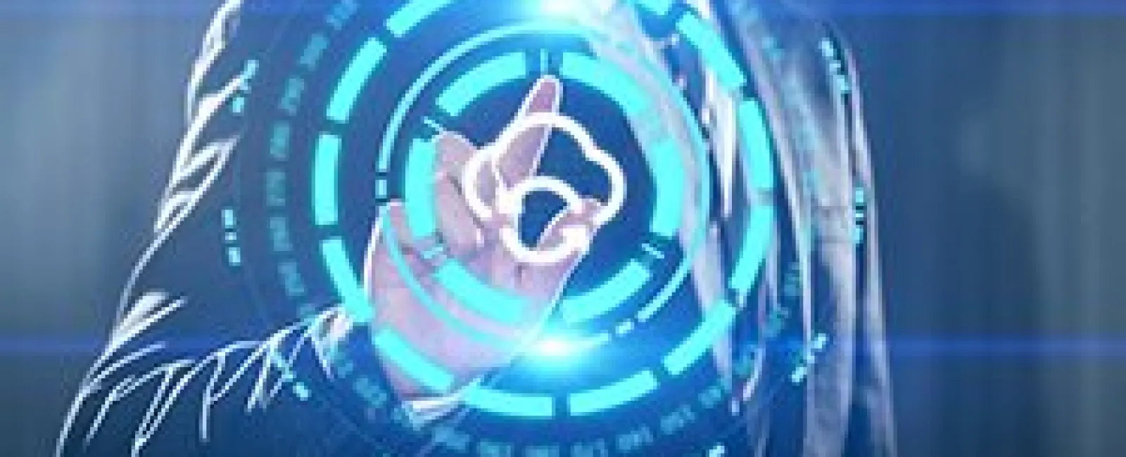 Businessman in suit interacts with futuristic digital cloud computing hologram interface.
