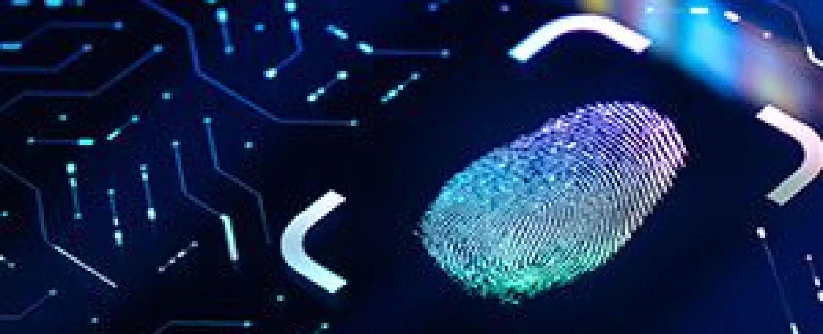Colorful fingerprint scanner glowing on a circuit board background representing digital security access technology.
