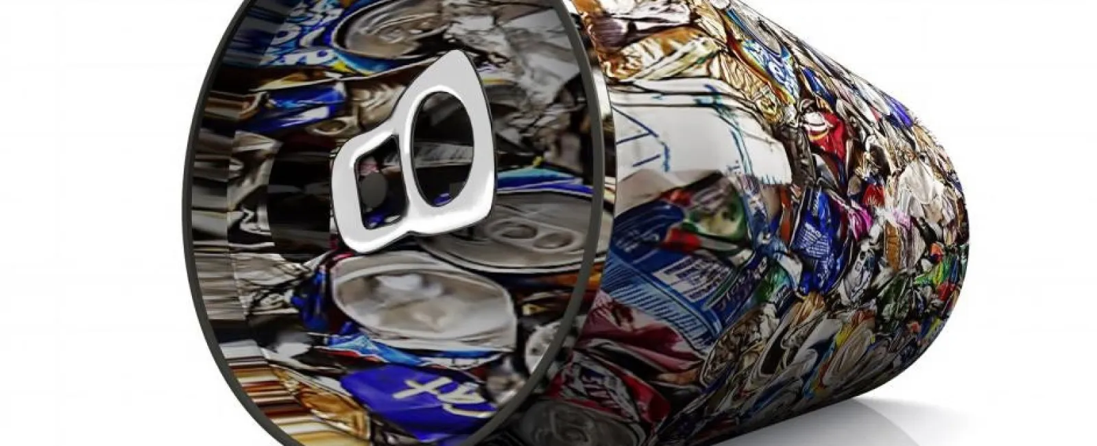 Close-up of a crushed aluminum can with vibrant colors and pull tab visible on a white background