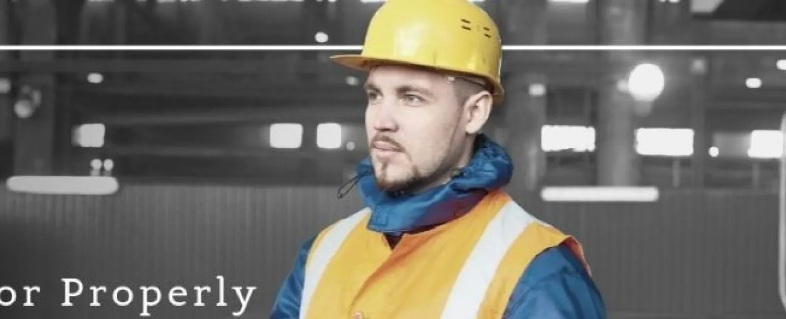 Construction worker in safety helmet and vest standing in industrial building with text overlay about safety tips.