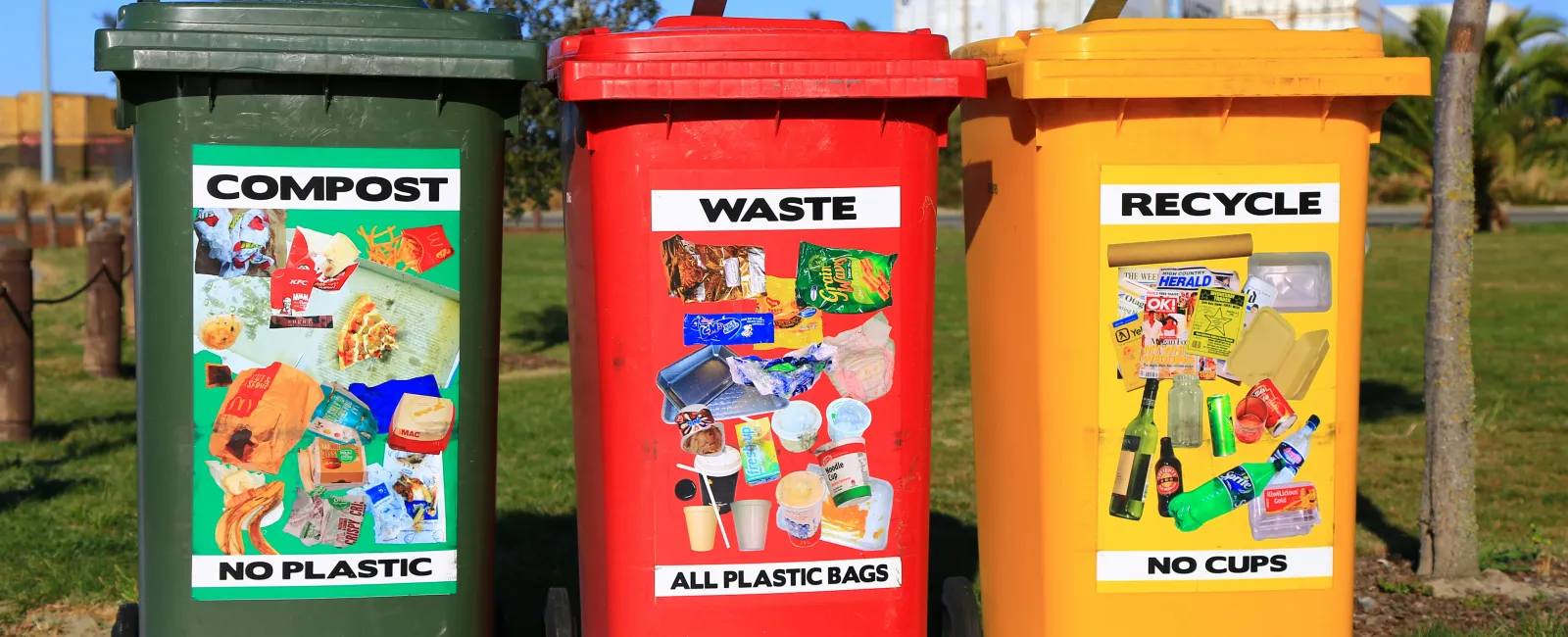 Green compost bin, red waste bin, and yellow recycle bin with clear labels and examples outdoors on concrete.