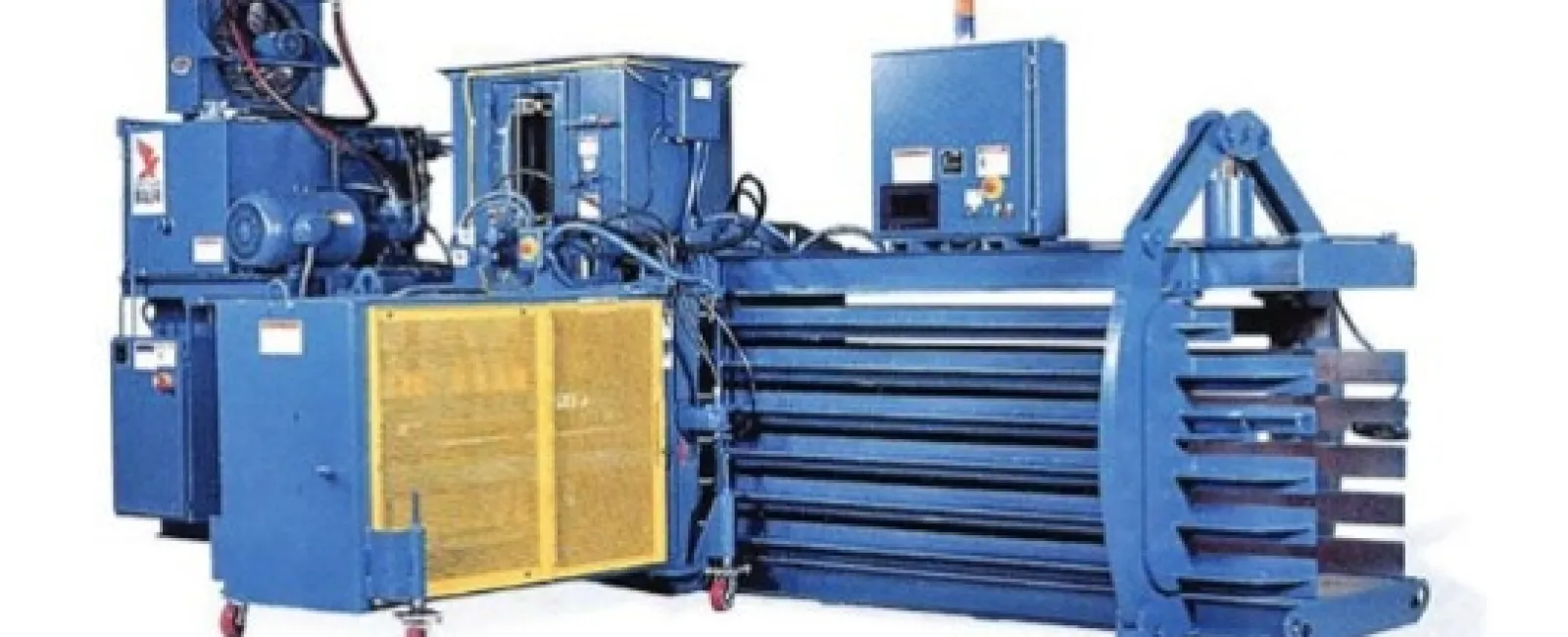 Industrial blue metal baler machine with hydraulic components and safety guard on white background