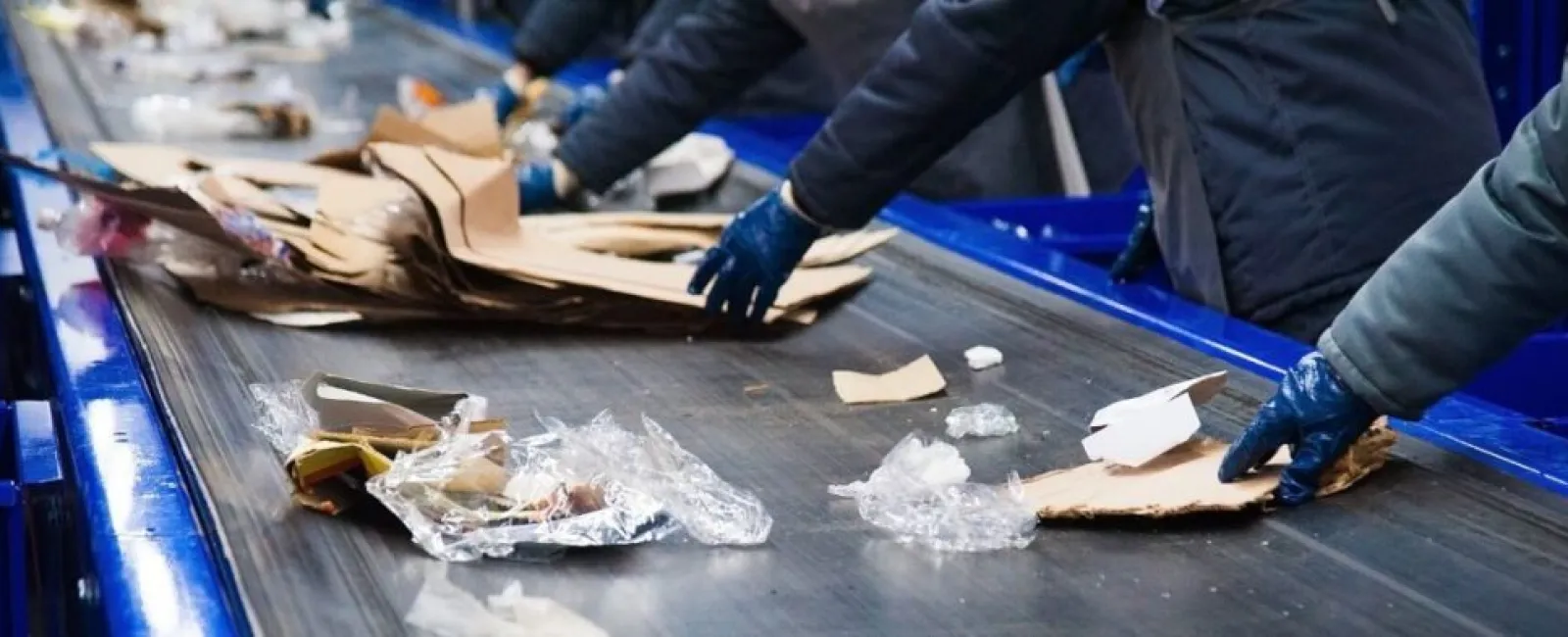 Workers sorting recyclable cardboard and plastic waste on a conveyor belt in a recycling facility