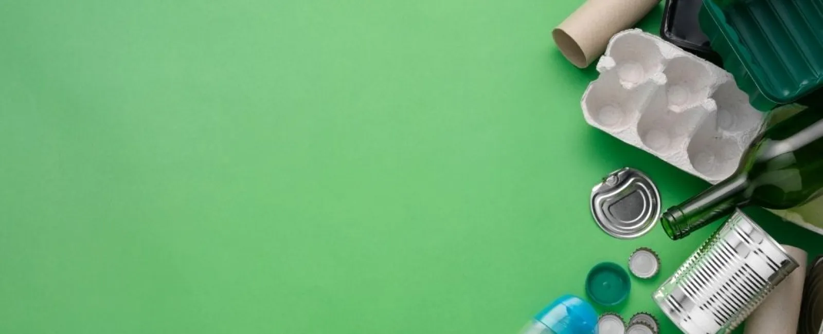 Various recyclable materials including glass bottles, plastic containers, cans, and paper items on green background.