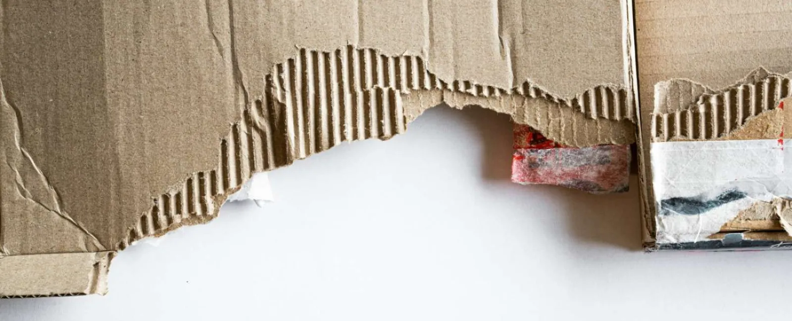 Close-up of torn corrugated cardboard revealing its layered texture on a white surface.