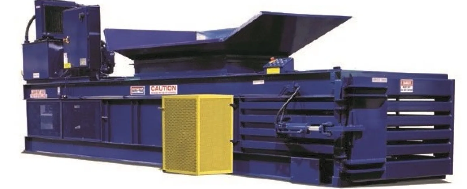 Large industrial baler machine in blue with yellow safety guard and caution labels for material compression.