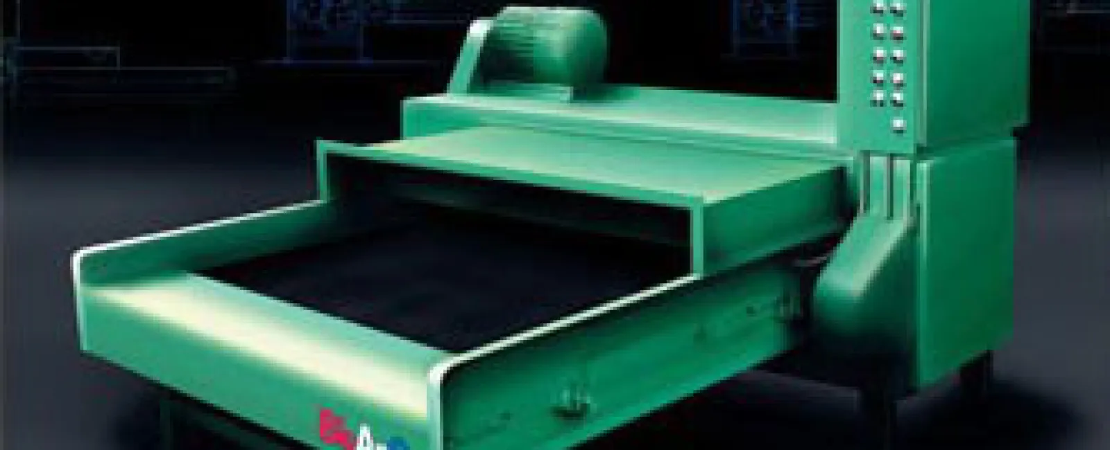 Green industrial conveyor belt machine with control panel against dark blueprint background