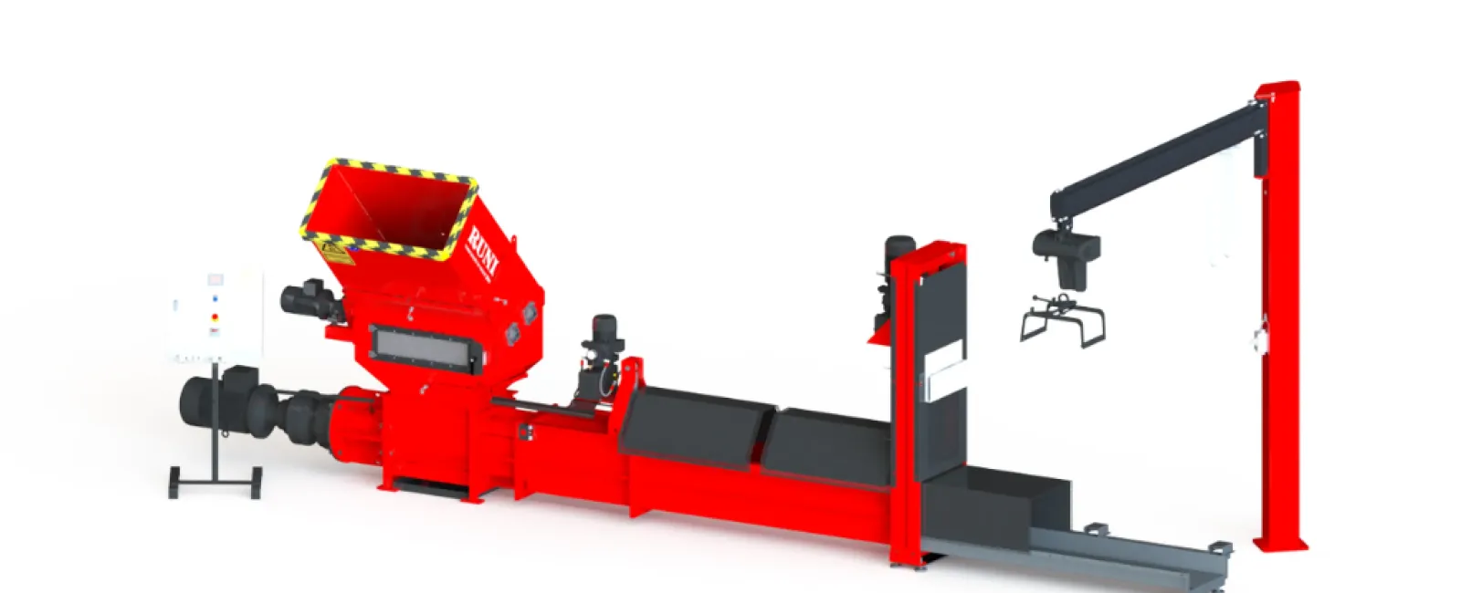 Industrial red shredder machine with conveyor belt and robotic arm on white background