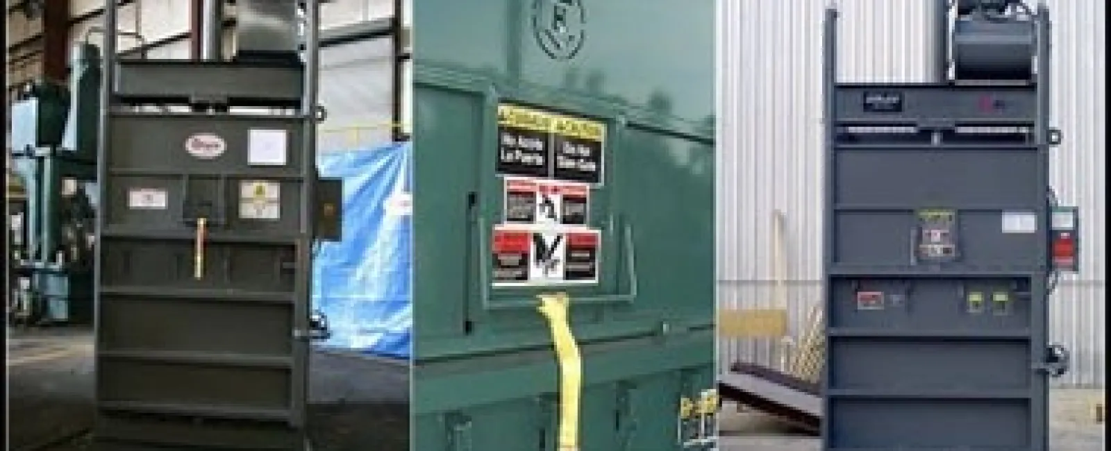 Three industrial balers in warehouse settings used for compacting materials for recycling or disposal.